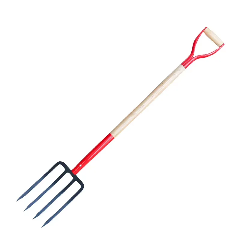 Spade Digging Fork - 四歯鋼鉄製フォーク農業用耕運機、土壌緩め掘削用、木製ハンドル付き、家庭用、玉ねぎ、生姜、ニンニク用、鍛造