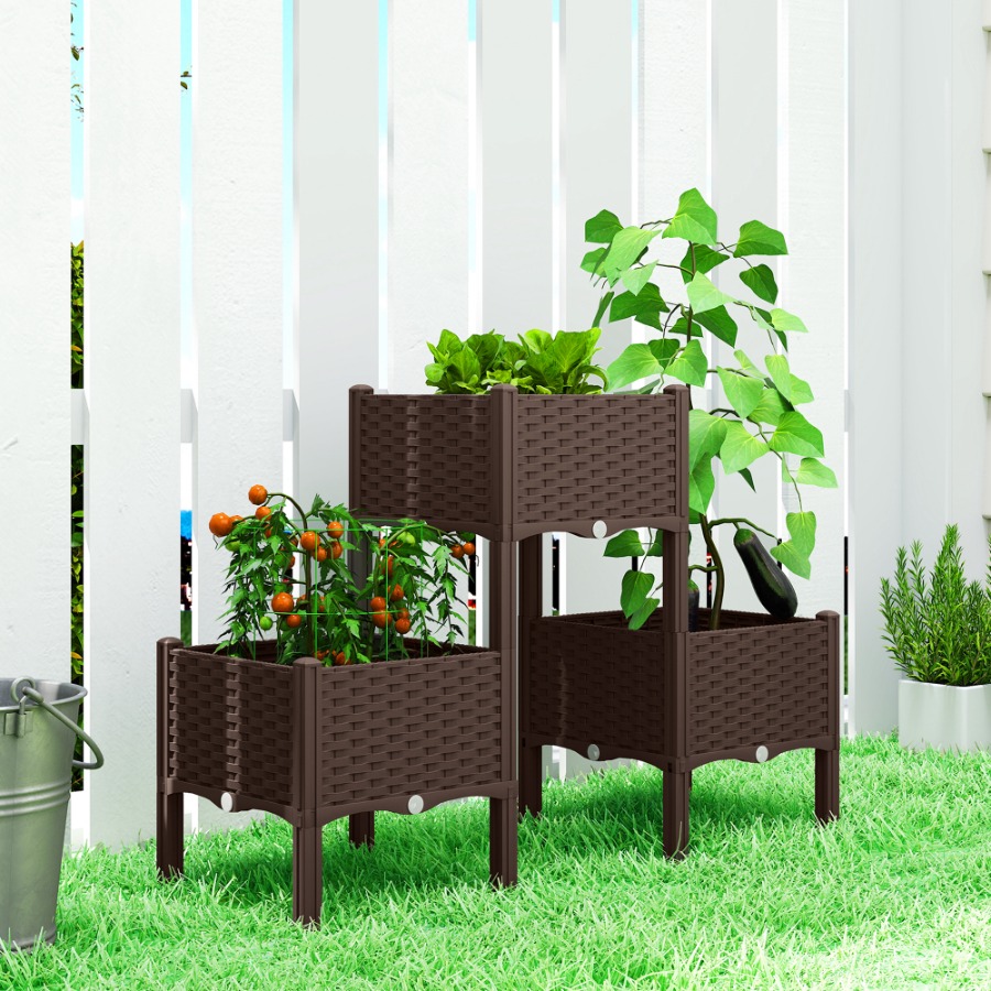 脚付きのプラスチック製プランターボックス。排水穴と排水栓が付 - Self-Watering Planter のレビューと価格